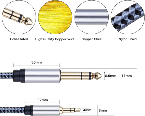Tiierzon 1/8 to 1/4 Stereo Cable 6Ft, 6.35mm 1/4" Male to 3.5mm 1/8" Male TRS Bidirectional Stereo Audio Cable Jack for Guitar, Home Theater Devic...
