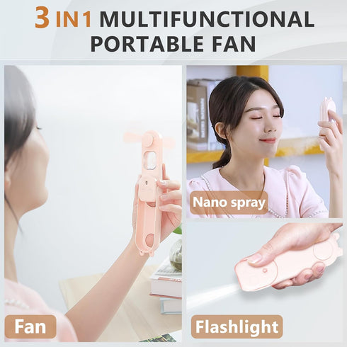 Handheld Mini Fan, Foldable Portable Fan, Spray, fan, flashlight 3 IN 1 multifunctional, with USB Rechargeable, Two levels of adjustable wind powe...
