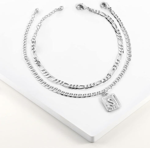 Wowshow Ankle Bracelets for Women Men Initial Anklet Square Pendant Letter X Layered Anklet White Gold Plated Flat Marina Foot Chain Gift...