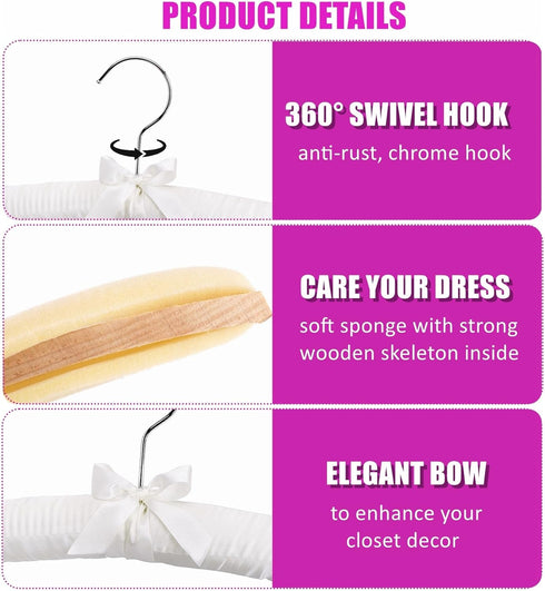 Amber Home 5 Pack 17 Inch Large Ivory Satin Padded Hangers for Women Clothing, Anti Slip Cushioned Hangers for Sweaters, Silk Hangers Fancy Dress ...