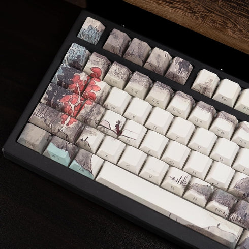 PBT Keycaps - Side Printed Keycap Set, Dye Sublimation Shine Through Custom Keycaps, Cherry Profile 135 Keys Landscape Painting Style Phantom Keyb...