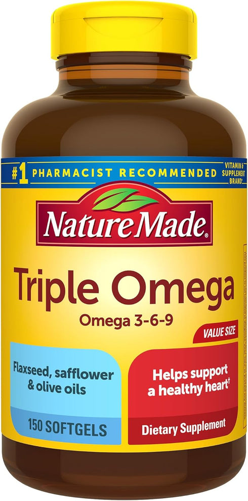 Nature Made Triple Omega 3 6 9, Flaxseed, Safflower, & Olive Oils, Healthy Heart Support, Fish Free Omega 3 Supplement, 150 Softgels, 75 Day Suppl...
