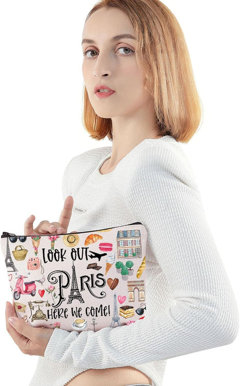 Paris Themed Makeup Bag Paris Trip Gifts Paris Travel Bag Paris Toiletry Bag Paris Zipper Pouch Paris Makeup Pouch (look out paris)...