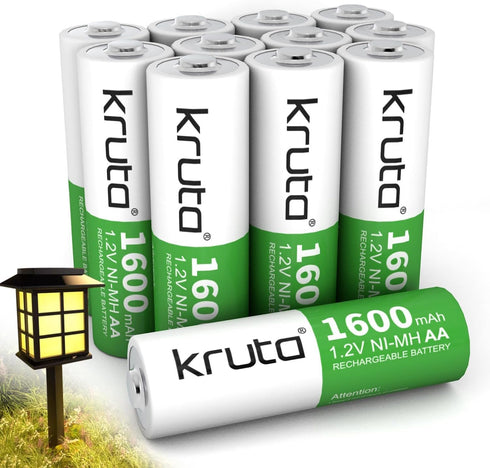 Kruta Rechargeable AA Batteries, 1600mah 1.2V Ni-MH Double A Rechargeable AA Solar Batteries Pre-Charged for Outdoor Solar Lights, String Lights P...