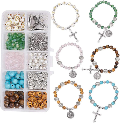 SUNNYCLUE 1 Box 276Pcs Rosary Cross Charms Round Cross Beads Beading Bracelets Making Kit DIY Synthetic Turquoise Beaded Adjustable Stretch Rosary...