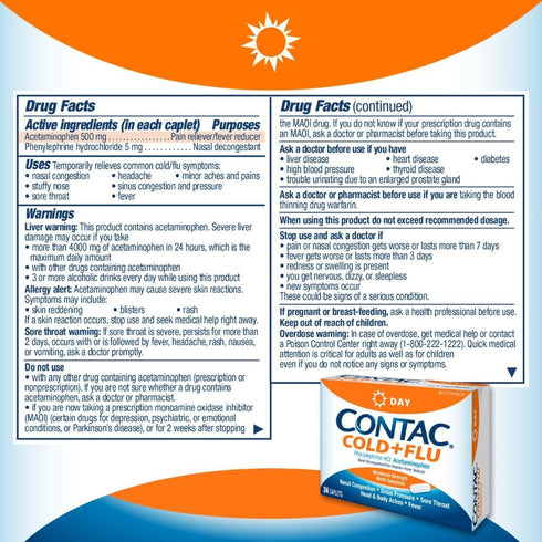 Contac Cold & Flu Medicine, Non-Drowsy, Powerful Multi-Symptom Daytime Relief for Nasal Congestion, Sinus Pressure, Headache, Fever, Sore Throat, ...