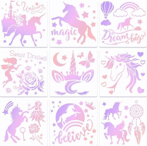 9 Pieces Unicorn Stencils Painting Templates Craft for Arts Card Making Journal Scrapbooking DIY Furniture Wall Floor Painting on Wood Fabric (8 x...