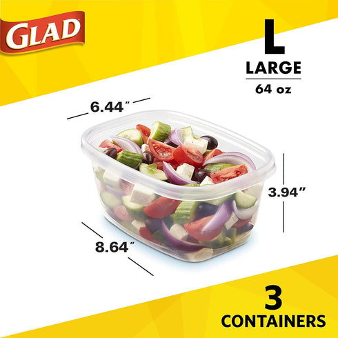 GladWare Home Deep Dish Food Storage Containers, Large Rectangle Holds 64 Ounces of Food, 3 Count Set | With Glad Lock Tight Seal, BPA Free Contai...