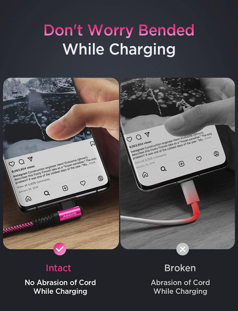 AINOPE USB C Cable Pink Rose Charger 60W 2 Pack 6.6FT Type C Cable Right Angle Compatible with iPhone 15 Pro Max Samsung Galaxy S24 S23 iPad Pro C...
