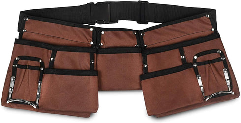 11 Pocket Brown and Black Heavy Duty Construction Tool Belt, Work Apron, Tool Pouch, with Poly Web Belt Quick Release Buckle - Adjusts from 33” In...