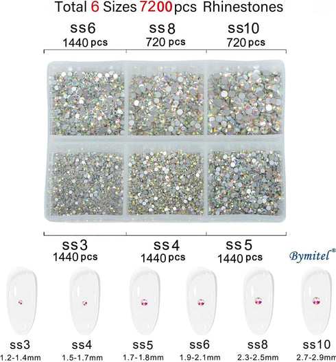 Bymitel 7200 Pieces 6 Mixed Sizes Glue Fix on Glass Rhinestones Round Crystal Gems Flatback for DIY Jewelry Making with one Picking Pen (6-Sizes 7...