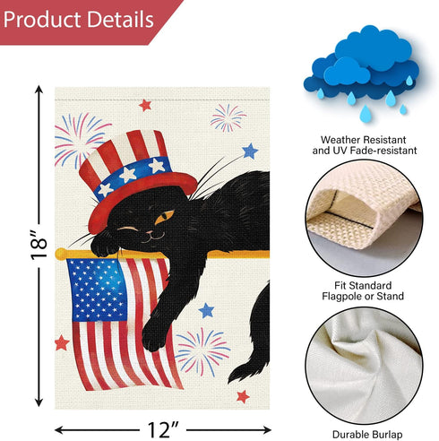 Louise Maelys 4th of July Garden Flag 12x18 Double Sided Vertical, Small Burlap Black Cat Welcome Patriotic Garden Yard House FLags for Memorial D...