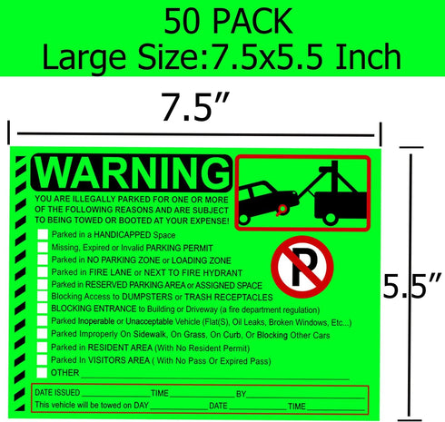 50 Pcs Parking Violation Stickers Notice Parking Violation StickersTow Stickers for Car Vehicle Private Warning Tag Adhesive Car Window Fluorescen...