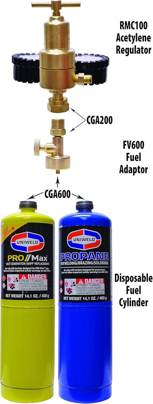 Uniweld FV600 Oxy/Fuel Adapter to Connect an MC Regulator (CGA200) to a Disposable Fuel Cylinder (CGA600)...