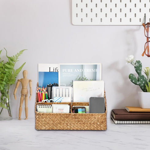 BTSKY Woven Storage Basket Natural Seagrass Vertical Wicker Storage Baskets with 4 Compartments Desk Organizers and Storage Magazine File Holder H...