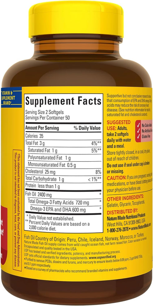Nature Made Fish Oil 1200 mg Softgels, Fish Oil Supplements, Omega 3 Fish Oil for Healthy Heart Support, Omega 3 Supplement with 100 Softgels, 50 ...