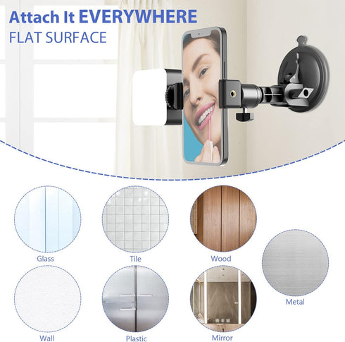 Suction Cup Mirror Phone Holder with Light, Travel Wall Phone Camera Mount for Makeup Content Creator Essentials, Mirror Tripod for Bathroom Kitch...