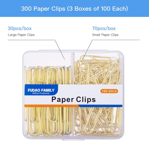Paper Clips Assorted Sizes, Large Paper Clips, Small Paper Clips, Paper Clip, 300 Gold Paper Clips, (3 Boxes of 100 Each)...