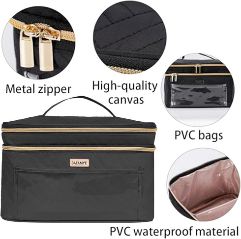 8.8L Double Layer Travel Makeup Bag Women, Large Cosmetic Case, Organizer for Travel-Size Accessories Bottles, Brushes, and Skin Care Products, Bl...