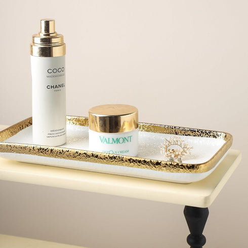 10 * 5" Granite Texture Fine Porcelain White Tray with Golden Edge,Decorative Vanity Tray for bathroom. for Jewelry storage, Ring & Key Holder, Ba...