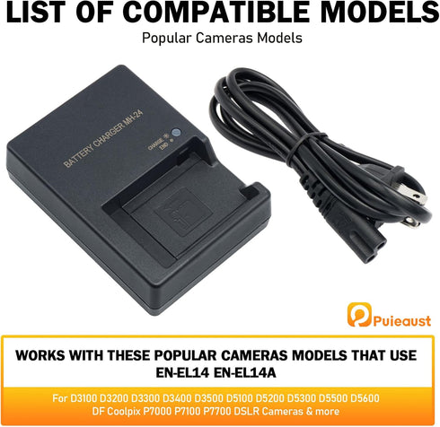 MH-24 Cameras Battery Charger for Nikon EN-EL14 EN-EL14A Battery for Nikon D3100 D3200 D3300 D3400 D3500 D5100 D5200 D5300 D5500 D5600 P7000 P7100...