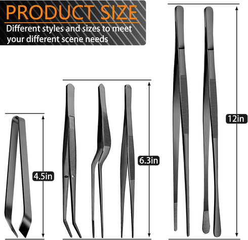 JETKONG 6 Pcs Cooking Tweezer Tongs, 12'' and 6.3" Stainless Steel Kitchen Tweezer Set, Professional Chef Tweezers for Cooking, Repairing, Sea Foo...