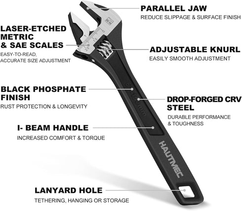 HAUTMEC 6 inch Adjustable Wrench Extra Wide Jaw Black Finish Adjustable Wrenches Drop-Forged CR-V Steel Metric & SAE Scales for Home Garage Worksh...