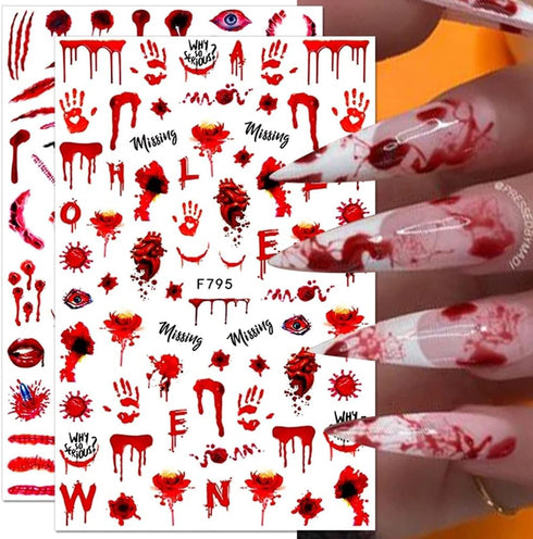 Halloween Nail Art Stickers Blood Nail Decals, 6 Sheets 3D Self Adhesive Halloween Nail Art Supplies Sticker Blood Scar Clown Eye Halloween Nail D...