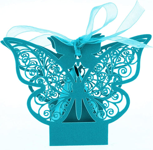 50 Pieces Butterfly Laser Cut Favor Boxes DIY Wedding Birthday Gift Candy Boxes with Ribbons (Skyblue)...