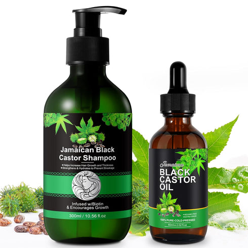 Jamaican Black Castor Oil Shampoo and Black Castor Oil Set, 10.56 fl.oz Strengthen and Restore Shampoo for Damaged Hair + 100% Pure Cold Pressed C...
