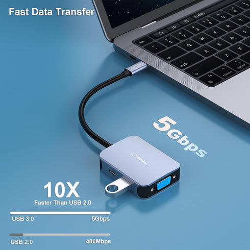 BENFEI USB C HUB 4in1, USB Type-C to HDMI VGA Adapter, USB C to USB Adapter, USB Type-C Power Delivery, Compatible with iPhone 15 Pro/Max, MacBook...