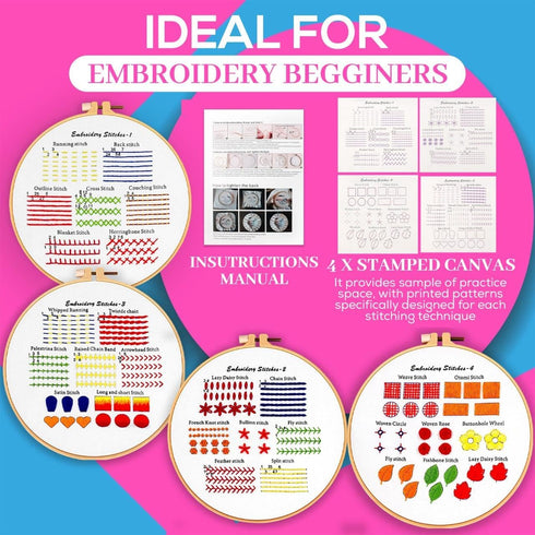 Fashhut Set of 4 Embroidery Kit for Beginners with Patterns & Complete Instructions - DIY Cross Stitch Kits for Adults with 1 Embroidery Hoop, Nee...