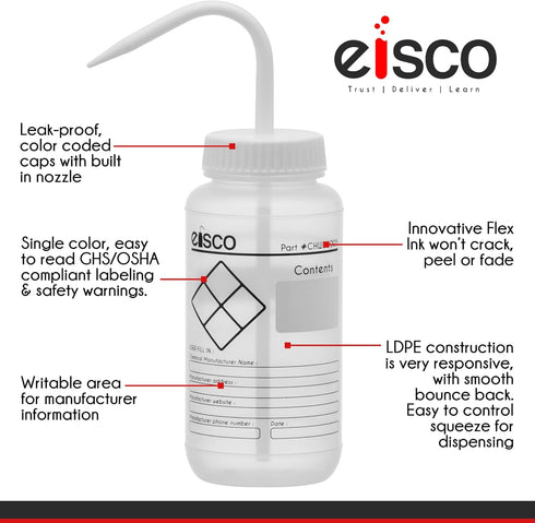 EISCO Chemical Wash Bottle, Blank Labels, 500ml - Wide Mouth, Self Venting, Low Density Polyethylene - Performance Plastics Labs...