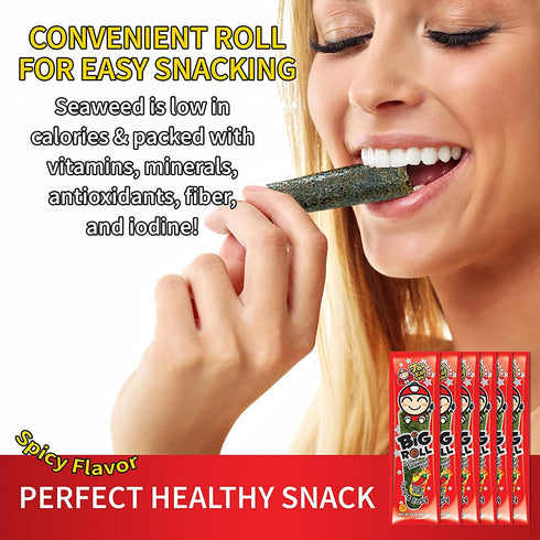 Big Roll Grilled Seaweed Snacks by Tao Kae Noi, Spicy Flavor Grilled Seaweed Rolls, Healthy Nori Sheet Rolls for Kids and Adults, Nori Snacks, 6 p...