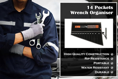 14 Pocket Wrench Pouch Metric & Standard Tool Set Organizer & Roll Up Hand Made PouchTool Bag of 100% Dyed Cotton Duck Canvas - Dyed Coal Black...