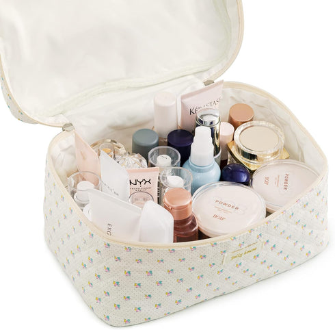 HBselect 3 PCS Quilted Makeup Bag, Cotton Large Travel Makeup Bag, Cute Floral Coquette Make up Bag Cosmetic Bag Toiletry Bag for Women Girls...