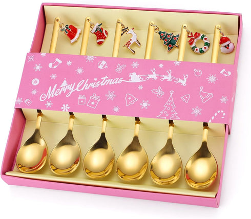 Coffee Spoons Gold Silverware Christmas 6 Pieces Small Stainless Steel Flatware Xmas Decorative Pendants Cute Drinking Stirrers for Festive and Da...