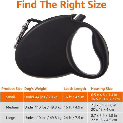 Amazon Basics Retractable Dog Leash, Small - 16ft, Black...