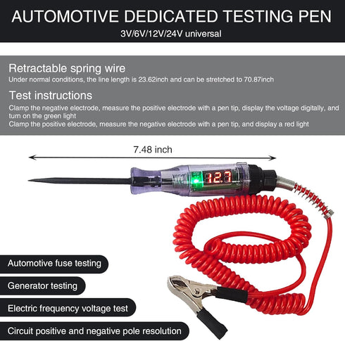 Pack-1 Car LED Digital Display Circuit Test Pen, DC 3V/6V/12V/24V Voltage Continuity Test for Wires Fuse, Multi-Function Induction Tester with 5.9...