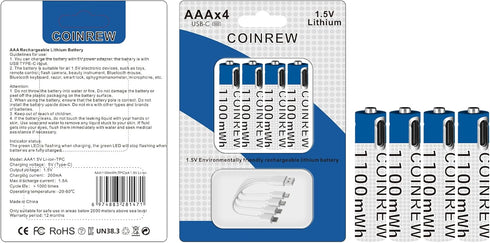 AAA Lithium-Ion Rechargeable Batteries - 616mAh, 1100mWh, USB-C, 4-Pack with Multi-Port Charging Cable - Durable & Eco-Friendly for Everyday Devic...