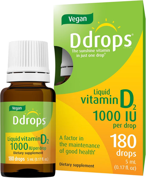 Ddrops Vegan 1000 IU 180 Drops - Daily Vitamin D Liquid - Supports Bone Health & Immune System. No Large Capsules, No Preservatives, Non-GMO, Alle...