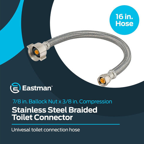 Eastman 16 Inch Flexible Toilet Connector, 7/8 Inch Ballcock x 3/8 Inch Compression, Stainless Steel Braided Hose, 48089...
