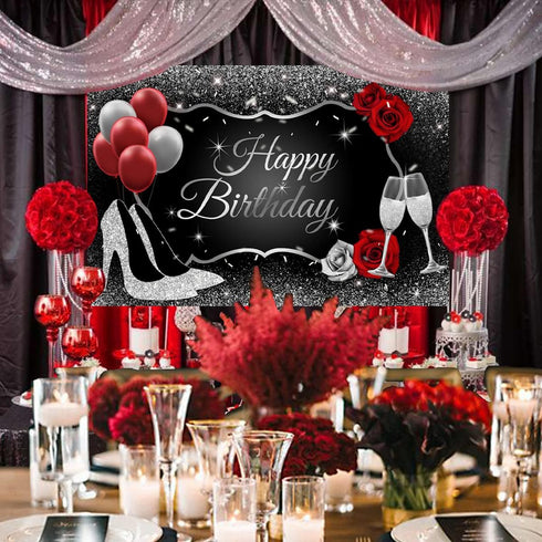 JOYMEMO Red Black and Silver Party Decorations for Women's Birthday Party Supplies - Red Black Silver Balloon Garland Happy Birthday Backdrop High...