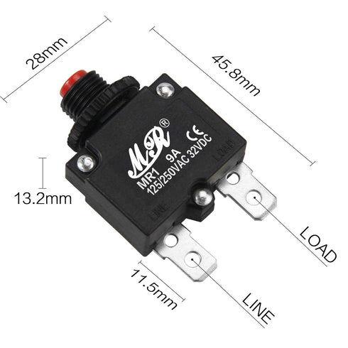 9 Amps Thermal Circuit Breakers 125/250V AC 32V DC Push Button Manual Reset Overload Protector Switch 9A 2 Pack...