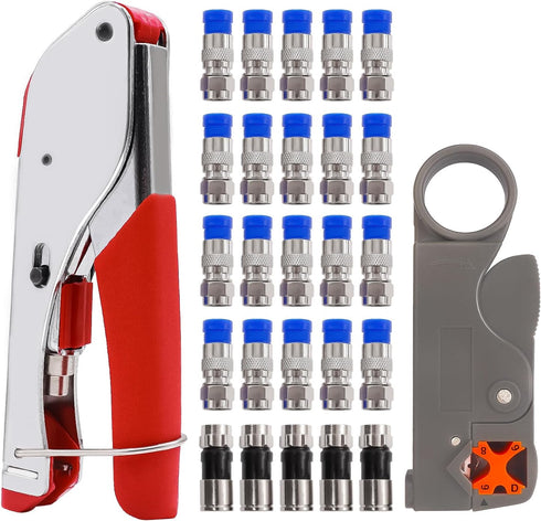 mxuteuk RG59 RG6 Coax Cable Crimper Tool Kit Coaxial Compression Tool Fitting Wire Stripper With 25pcs F Type RG6 Compression Connectors...