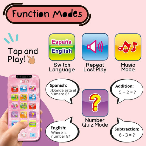 Baby Phone Toy English & Spanish Learning for Toddlers 1 2 3 Years Old, Learn Spanish ABC Numbers Animal Sounds, Interactive Bilingual Cellphone T...