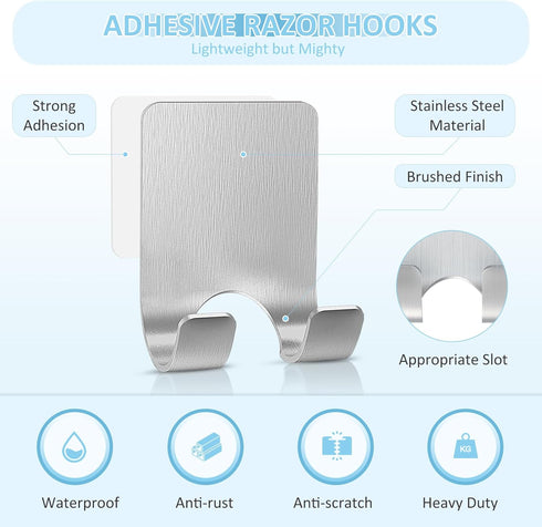 VIS'V Shower Wall Razor Holder, Metal Adhesive Razor Hooks for His and Hers, Waterproof, Silver, 2 Pcs...