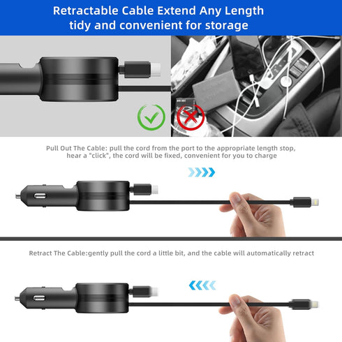 Retractable Car Charger, 2 Pack USB C Car Charger 3 Ports 50W Fast Charging Adapter, Type C Cigarette Lighter for iPhone 15/14/13/12 Pro Max/Apple...