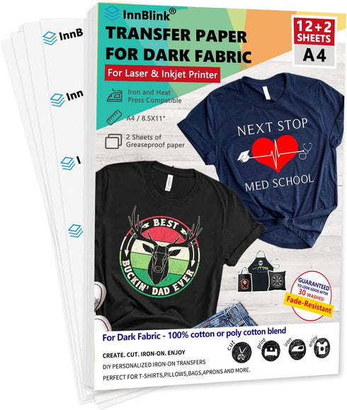 Iron on Heat Transfer Paper for Dark Fabric - 12 Sheets, 8.5"x11" Transfer Paper for T Shirt, Printable Heat Press Transfer Paper for Inkjet and L...