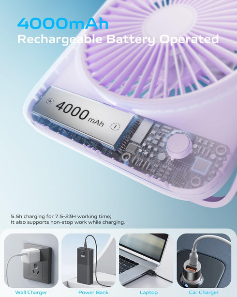 Otlonpe Desk Fan Portable Fan Rechargeable,4000mAh Battery Operated Personal Fan,Small Silent Table Fan Travel Fan with Power Bank,4 Speeds Deskto...